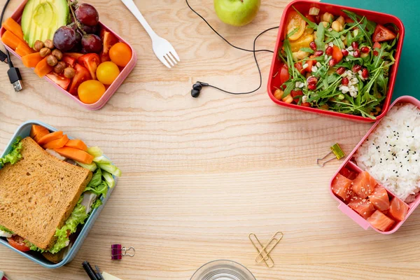 Piatti Sani Pranzo Scatole Bento Tavolo Legno Concetto Pranzo Ufficio — Foto Stock