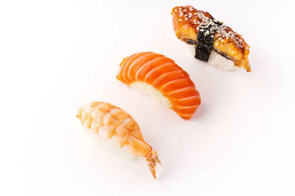 Diseño Creativo Varios Sushi Con Camarones Anguila Con Salmón Aislado — Foto de Stock