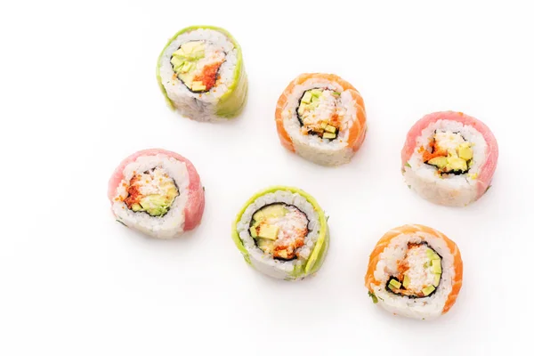 Rollos Sushi Coloridos Con Carne Cangrejo Aislada Sobre Fondo Blanco — Foto de Stock