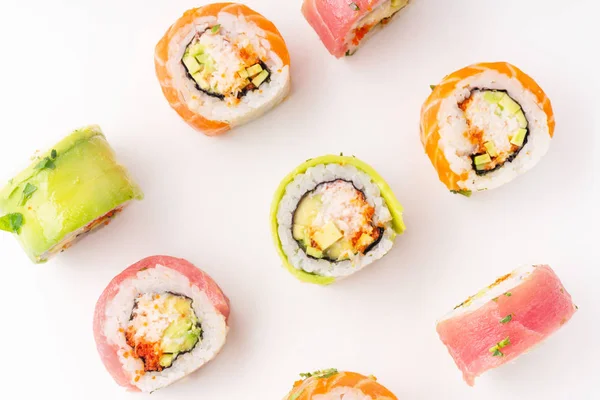 Rollos Sushi Coloridos Con Carne Cangrejo Aislada Sobre Fondo Blanco — Foto de Stock