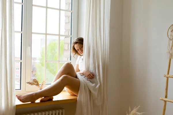 Young Woman Sitting Window Sill Bedroom Morning — ストック写真