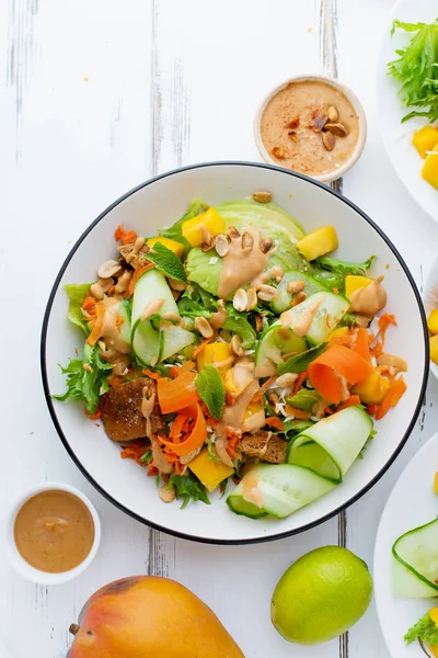 Plate Healthy Summer Fresh Salad Mango Avocado Tofu Sweet Peanut — Stock Photo, Image