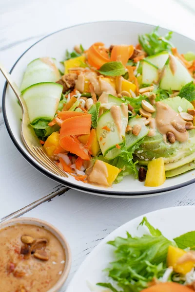 Prato Com Salada Fresca Saudável Verão Manga Abacate Com Tofu — Fotografia de Stock