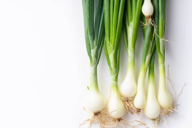 Beyaz arka plan üzerinde izole taze yeşil frenk soğanı ile Yaratıcı düzen