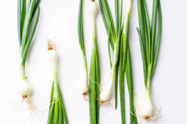 Beyaz arka plan üzerinde izole taze yeşil frenk soğanı ile Yaratıcı düzen