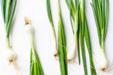 Beyaz arka plan üzerinde izole taze yeşil frenk soğanı ile Yaratıcı düzen