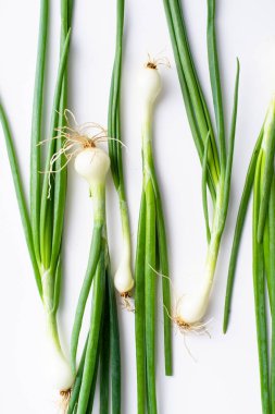 Beyaz arka plan üzerinde izole taze yeşil frenk soğanı ile Yaratıcı düzen