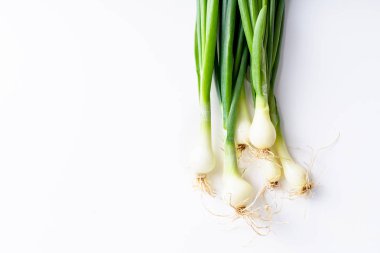 Beyaz arka plan üzerinde izole taze yeşil frenk soğanı ile Yaratıcı düzen