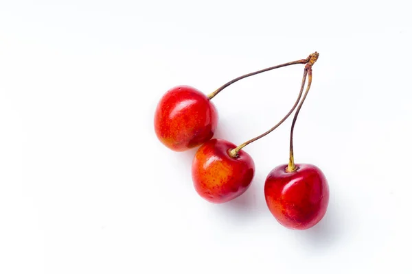 Fresh Ripe Red Cherries Isolated White Background Top View — Stock Photo, Image