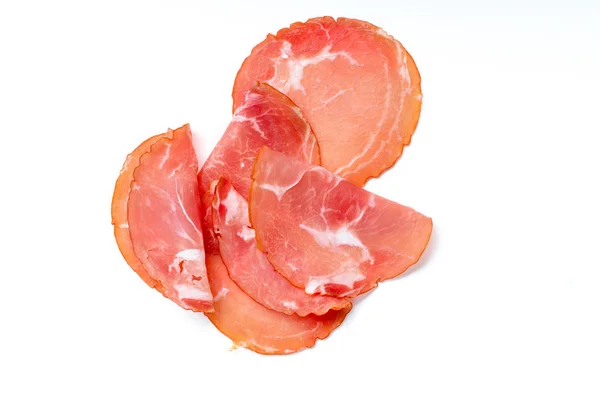 Rodajas Jamón Finas Aisladas Sobre Fondo Blanco Concepto Snack — Foto de Stock