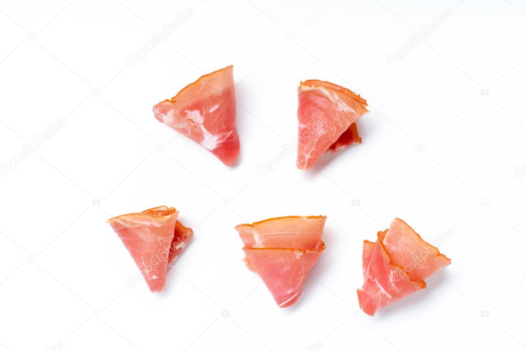 Thin ham slices isolated on white background, Snack concept 