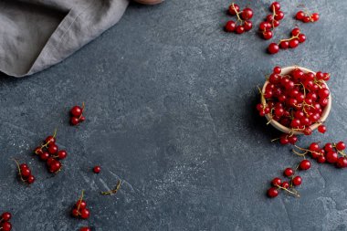 koyu beton arka planda kase kırmızı kuş üzümü. Üst görünüm 