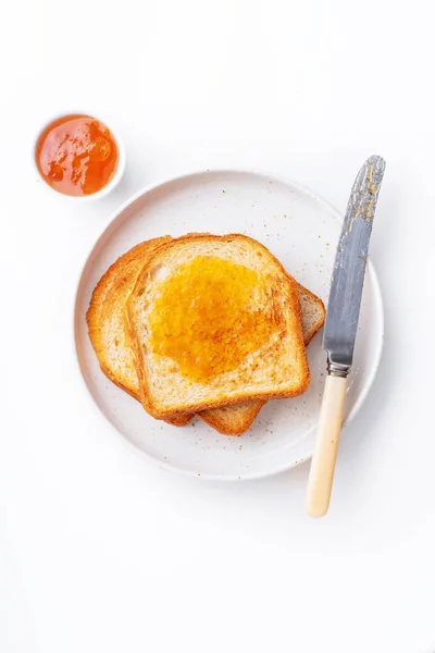 Πιάτο Πρωινές Προπόσεις Και Μπολ Άρωμα Βερίκοκου Λευκό Τραπέζι — Φωτογραφία Αρχείου