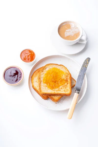Πιάτο Πρωινές Προπόσεις Και Μπολ Χαρακτηριστικά Και Ζεστό Φλιτζάνι Καφέ — Φωτογραφία Αρχείου