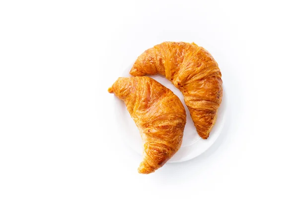 Top View Two Fresh Croissants Plate Morning Meal Concept — Stock Photo, Image