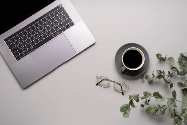 Portátil Gris Con Café Negro Taza Gafas Con Hojas Eucalipto — Foto de Stock