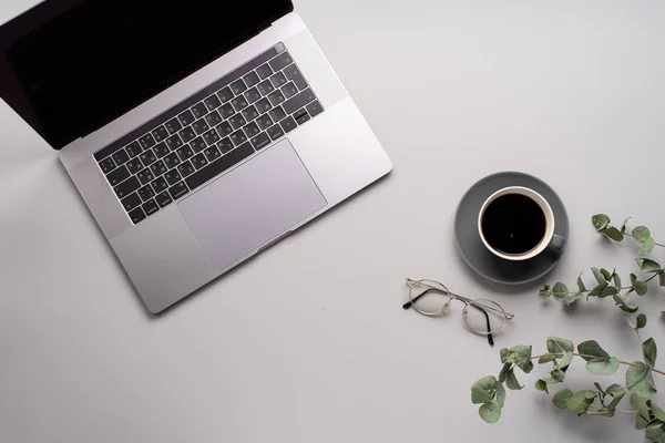 Серый Ноутбук Черным Кофе Чашке Очки Эвкалиптовыми Листьями Светлом Фоне — стоковое фото