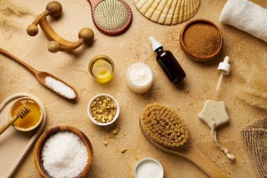 Spa güzellik cilt bakımı mock-up organik vücut fırçası ve masaj traverten arka plan üzerinde scrubs için malzemelerle, üst görünümü  