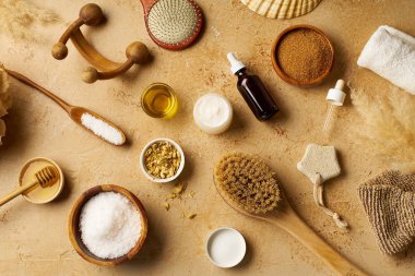 Spa güzellik cilt bakımı mock-up organik vücut fırçası ve masaj traverten arka plan üzerinde scrubs için malzemelerle, üst görünümü  