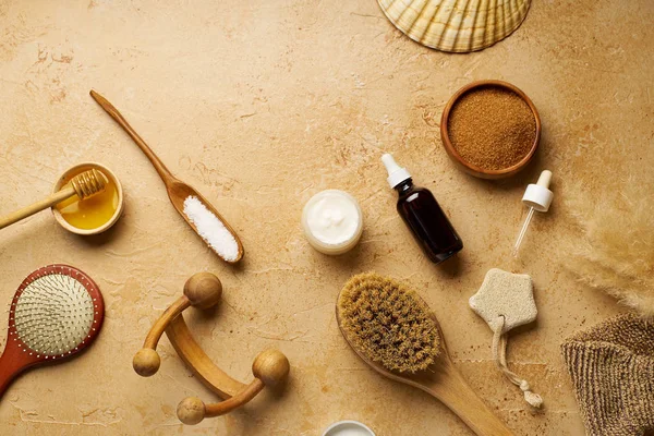Spa Beauty Skincare Mock Organic Body Brush Massager Ingredients Scrubs — Stock Photo, Image