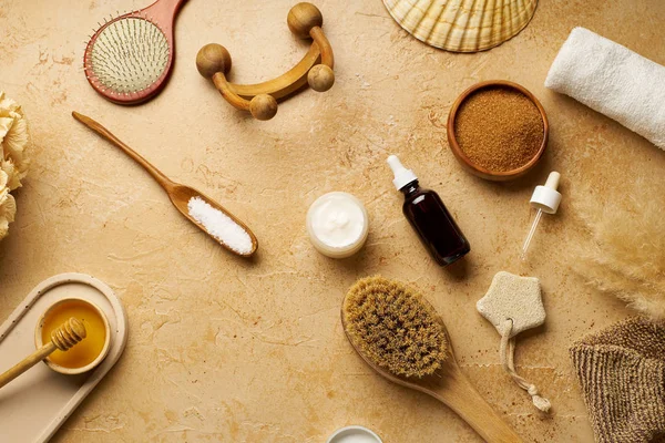 Spa Beauty Skincare Mock Organic Body Brush Massager Ingredients Scrubs — Stock Photo, Image