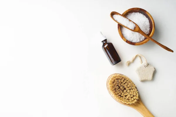 Spa Beauty Skincare Flamock Lay White Background Body Brush Serum — Stock Photo, Image