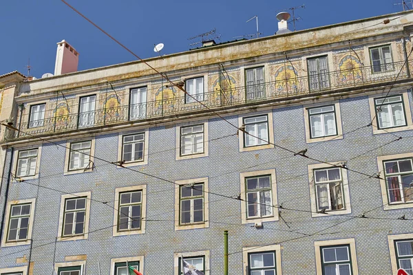 Fachada Del Antiguo Edificio Con Azulejo Hermosas Baldosas Cerámica Lisboa —  Fotos de Stock