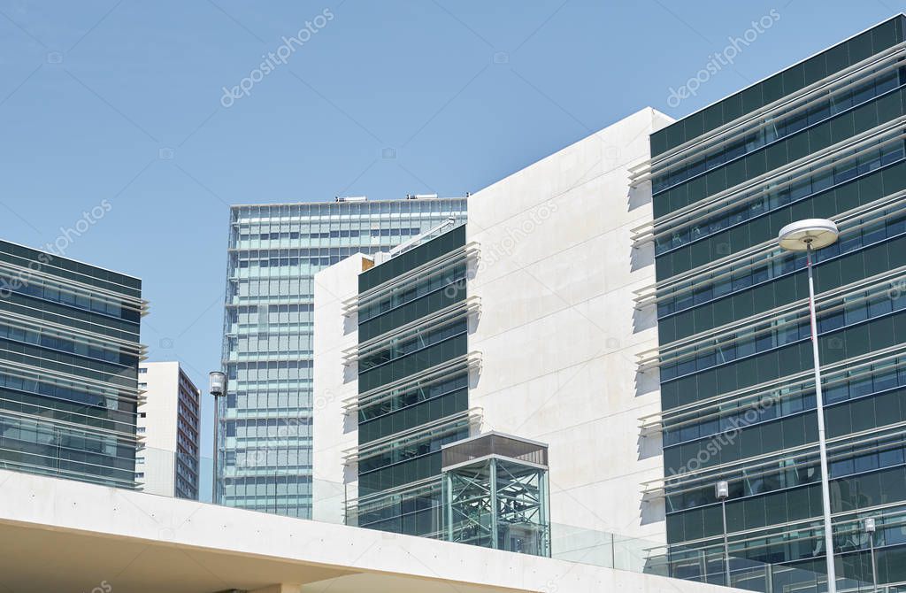 urban view of contemporary buildings at sunny day, Lisbon, Portugal 