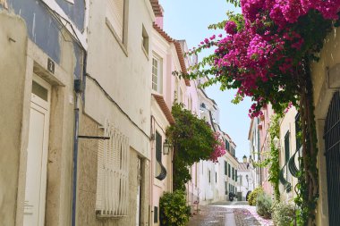 Cascais, Portekiz - 31 Ağustos 2019: Güneşli bir günde eski bir kasabada sokak 
