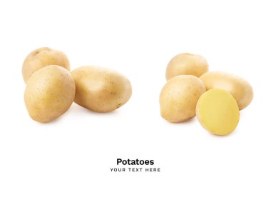 İnce derili ve soyulmuş genç patatesler beyaz arka planda izole edilmiş.