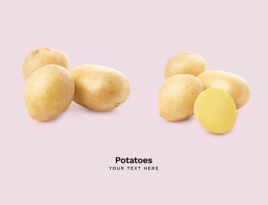 İnce derili ve pembe arka planda soyulmuş genç patatesler.