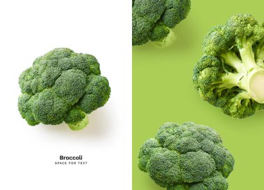 Beyaz ve yeşil arka planda taze brokolisi olan yaratıcı düzen, Top view. Sağlıklı besinler.