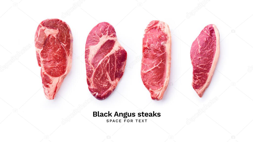 Creative flat lay with black angus prime beef steaks isolated on white background 