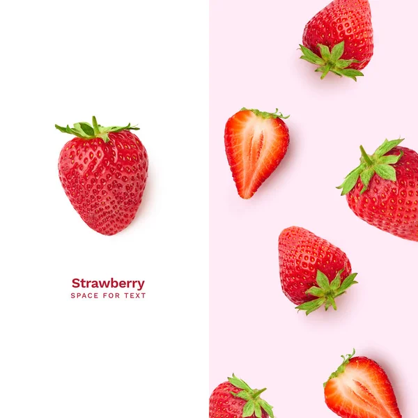 Bovenaanzicht Creatief Patroon Met Rijpe Rode Aardbeien Witte Roze Achtergrond — Stockfoto