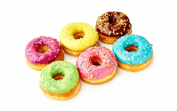 Zoete Kleurrijke Geglazuurde Donuts Witte Achtergrond Junk Voedsel Bovenaanzicht — Stockfoto