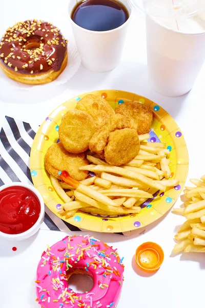 French Fries Chicken Nuggets Sweet Glazed Doughnuts Drinks Sauce White — Stock Photo, Image