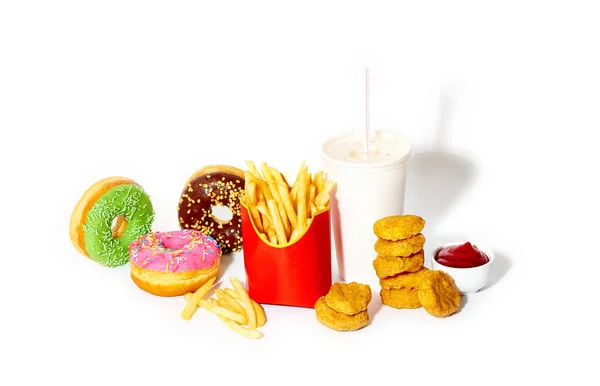 French Fries Chicken Nuggets Sweet Glazed Doughnuts Drink Sauce White — Stock Photo, Image