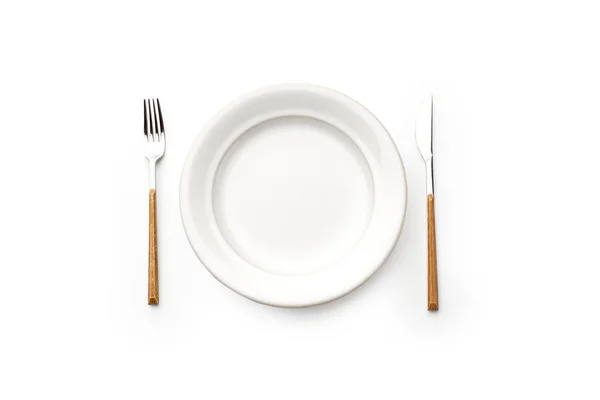 White Empty Plate Cutlery Isolated White Background Top View — Stock Photo, Image