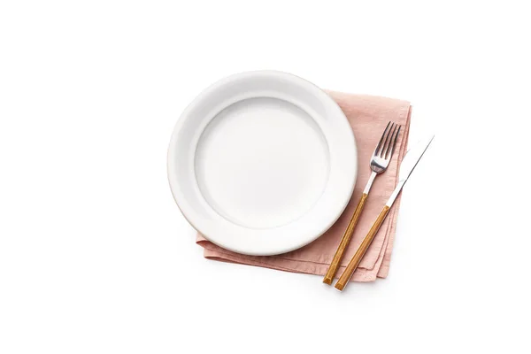 Flat Lay White Empty Plate Folded Linen Napkin Cutlery Isolated — Stock Photo, Image