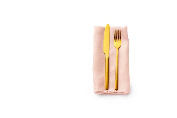 Flat Lay Golden Fork Knife Folded Pink Linen Napkin Isolated — Stock Photo, Image