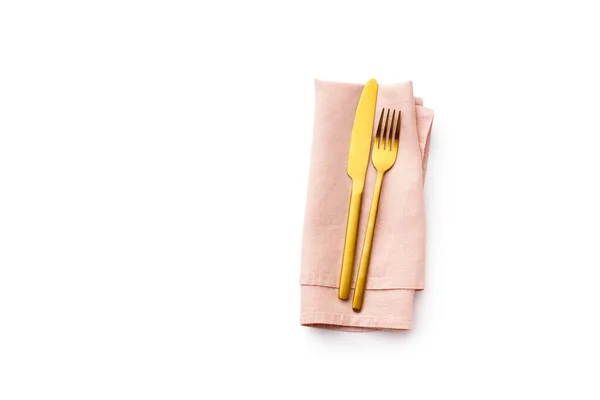 Flat Lay Golden Fork Knife Folded Pink Linen Napkin Isolated — Stock Photo, Image