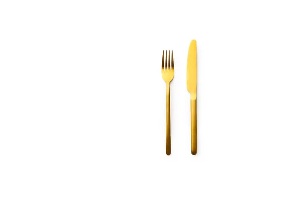 Flat Lay Golden Fork Knife Isolated White Background Top View — Stock Photo, Image