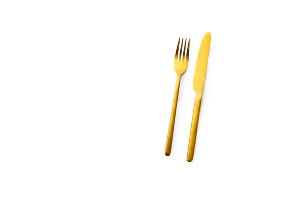 Flat Lay Golden Fork Knife Isolated White Background Top View — Stock Photo, Image