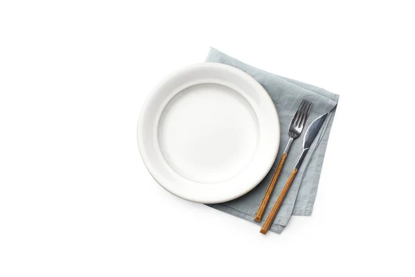 Flat Lay White Empty Plate Blue Napkin Cutlery Isolated White — Stock Photo, Image