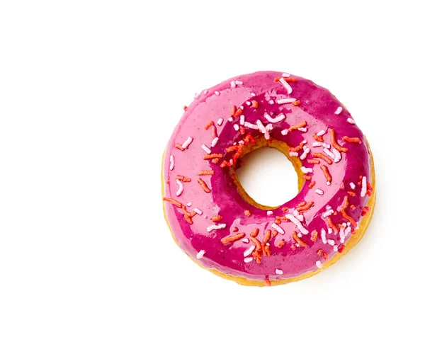Donut Rosa Doce Vitrificado Isolado Fundo Branco Vista Superior — Fotografia de Stock