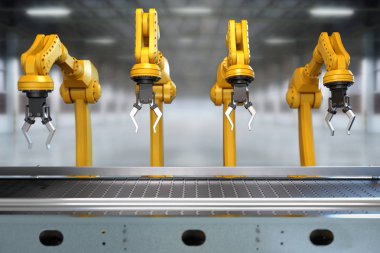 Endüstriyel robot kol ile boş konveyör bant 3d render