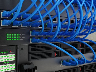 Sunucu panel, anahtarı ve yama içinde ağ tel kablo veri merkezi, 3d render