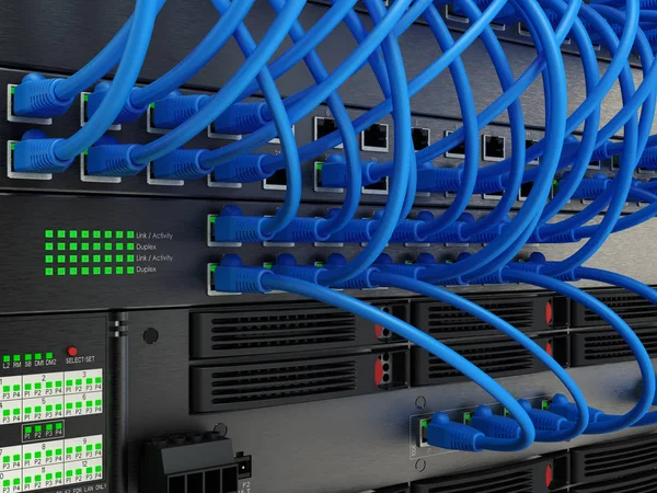 Pannello Server Rete Interruttore Cavo Patch Nel Data Center Rendering — Foto Stock