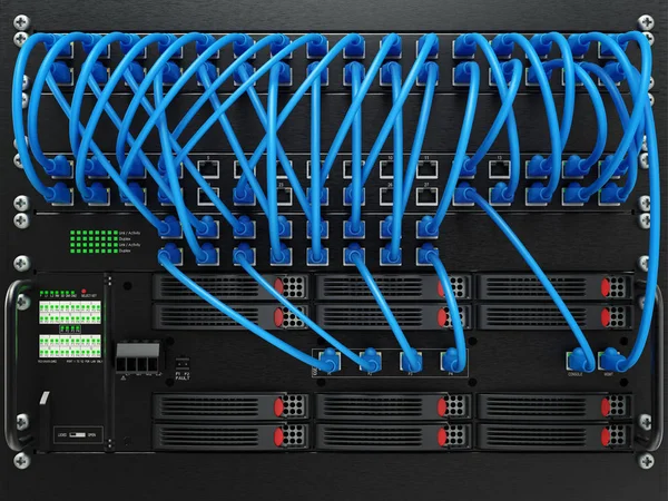 Painel Servidor Rede Interruptor Cabo Patch Data Center Renderização — Fotografia de Stock