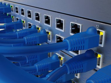 Sunucu panel, anahtarı ve yama içinde ağ tel kablo veri merkezi, 3d render